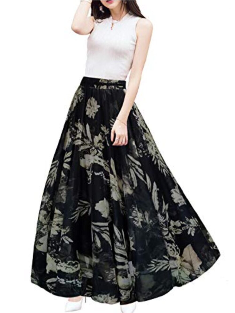 Afibi Women Floral Print Pleated Vintage Chiffon Long Maxi Skirt